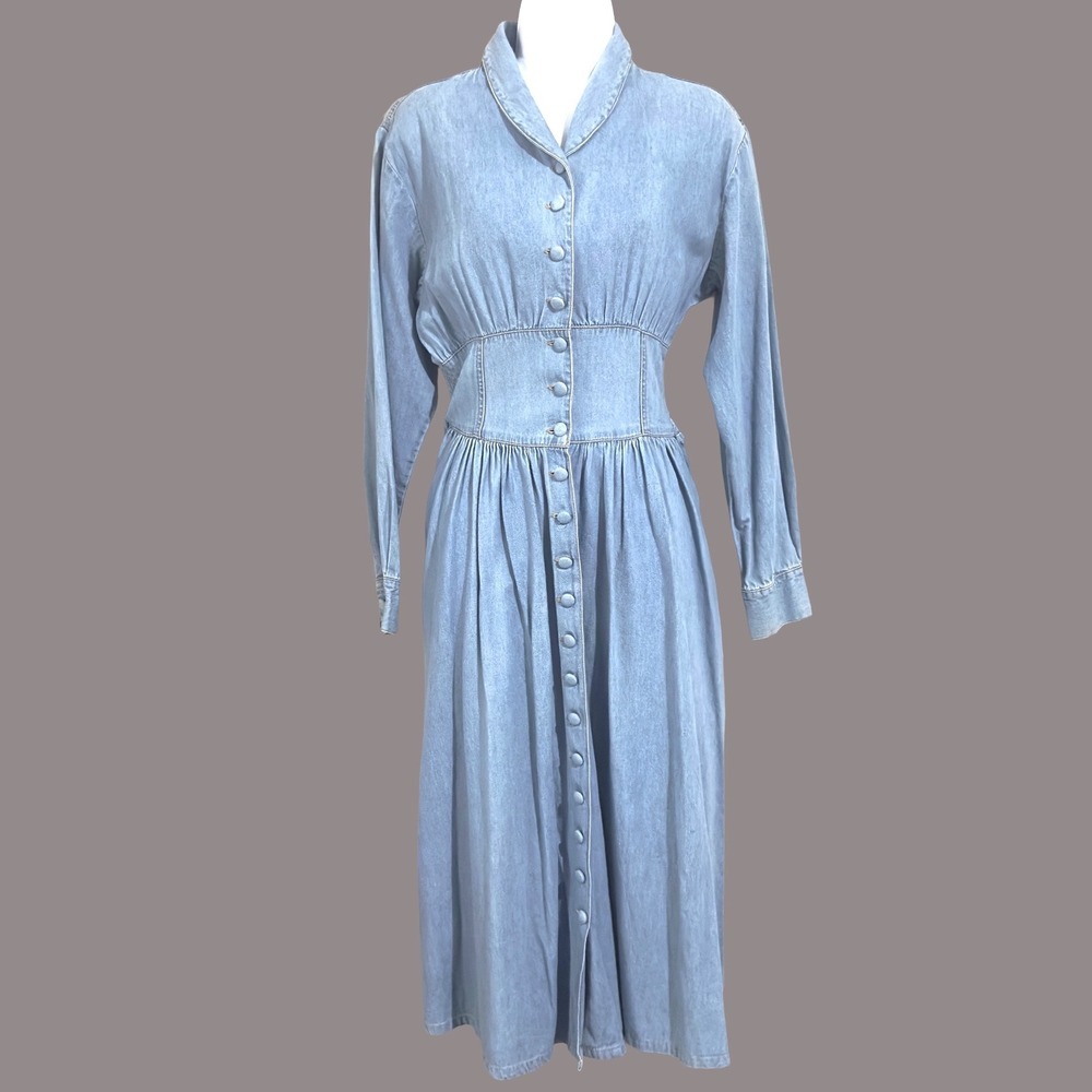 VTG 90s Styleworks Denim Midi Dress 8 Long Sleeve Button Front Western Prairie * - Picture 3 of 14